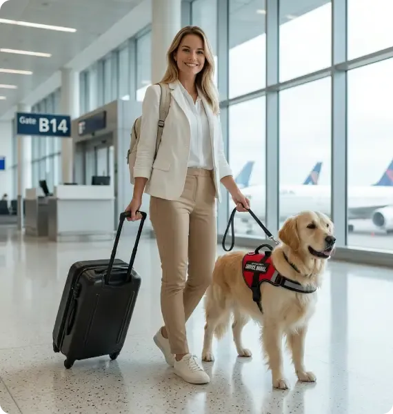 Woman with service dog at airport gate
